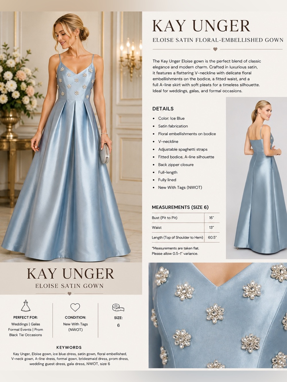 Kay Unger Eloise Ice Blue Floral Embellished Satin Gown Size 6 NWOT